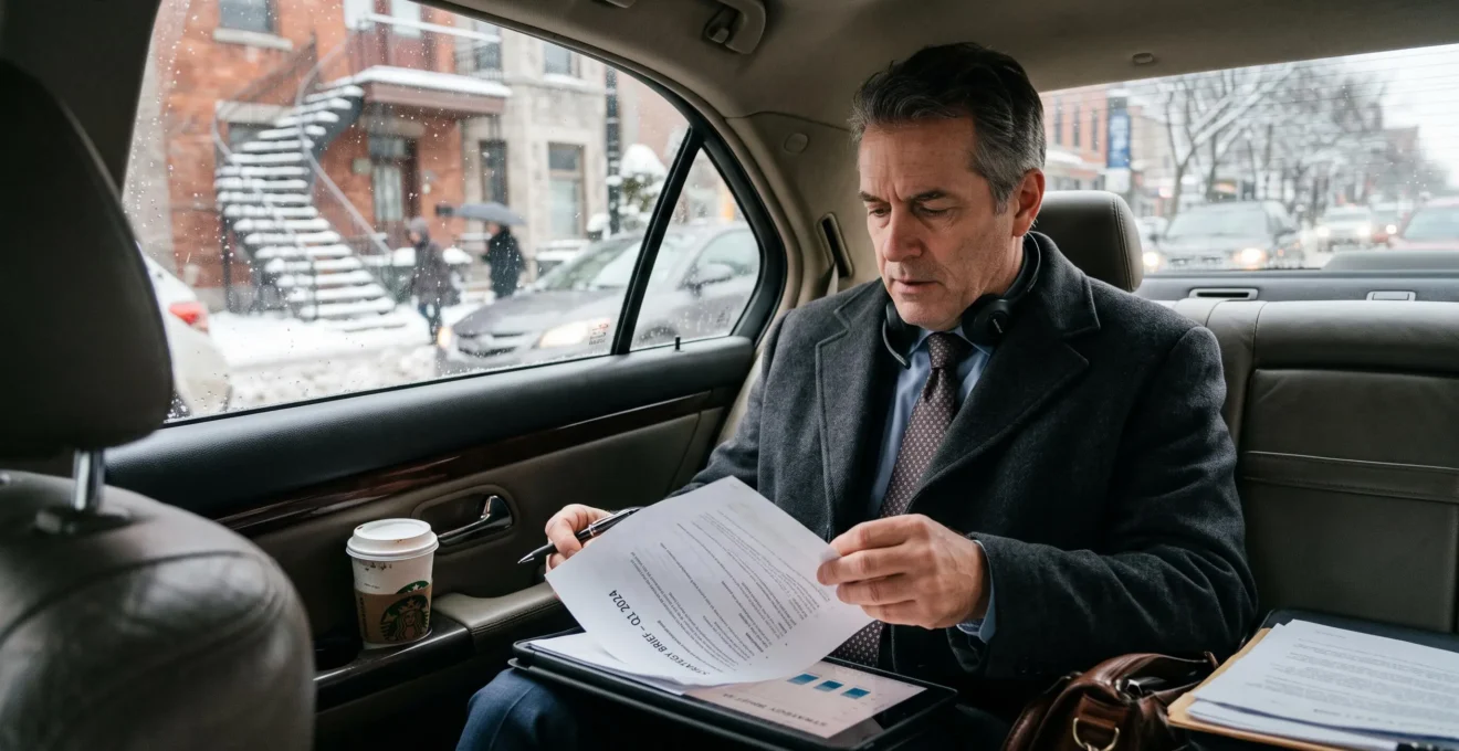 A professional reviews briefing notes on a tablet in the back seat of a chauffeur-driven sedan on a snowy morning in Montréal.