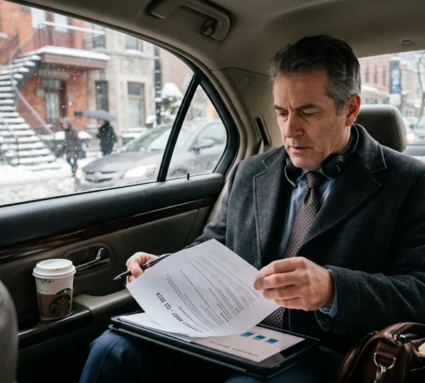 A professional reviews briefing notes on a tablet in the back seat of a chauffeur-driven sedan on a snowy morning in Montréal.