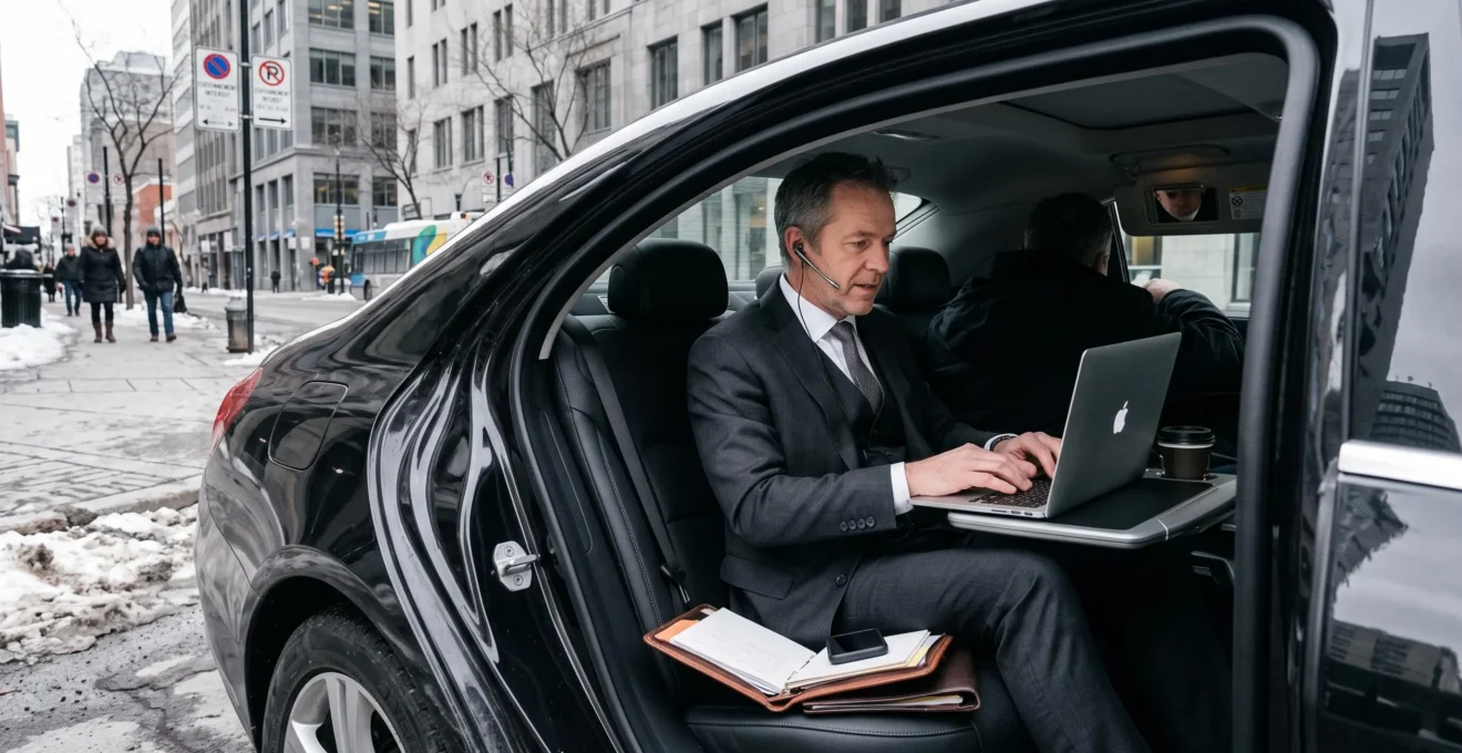 An executive works on a laptop in the rear seat of a chauffeured sedan on a downtown Montréal street while the driver waits in front.