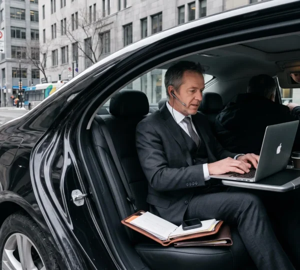 An executive works on a laptop in the rear seat of a chauffeured sedan on a downtown Montréal street while the driver waits in front.