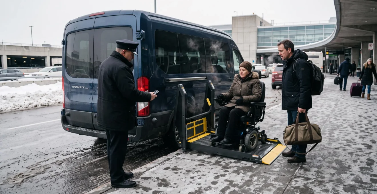 A chauffeur lowers the lift platform of an accessible van at a snowy airport curb while a passenger in a motorized wheelchair and a companion wait beside it.
