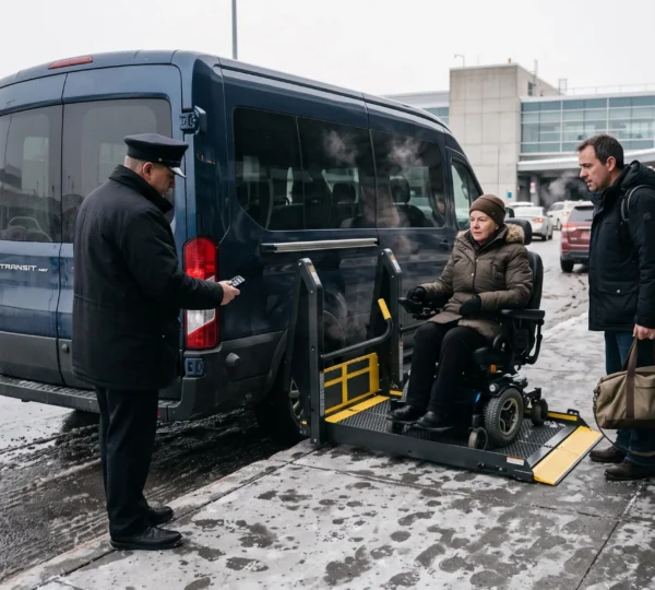 A chauffeur lowers the lift platform of an accessible van at a snowy airport curb while a passenger in a motorized wheelchair and a companion wait beside it.