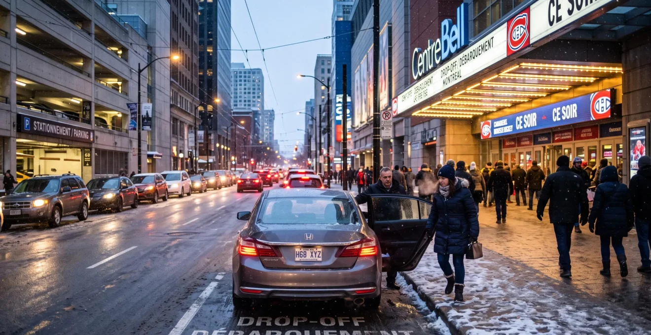 A passenger steps out of a car at a curbside drop-off zone near a downtown arena entrance on a snowy evening, while cars line up to enter a parking garage nearby.