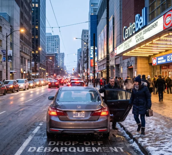 A passenger steps out of a car at a curbside drop-off zone near a downtown arena entrance on a snowy evening, while cars line up to enter a parking garage nearby.