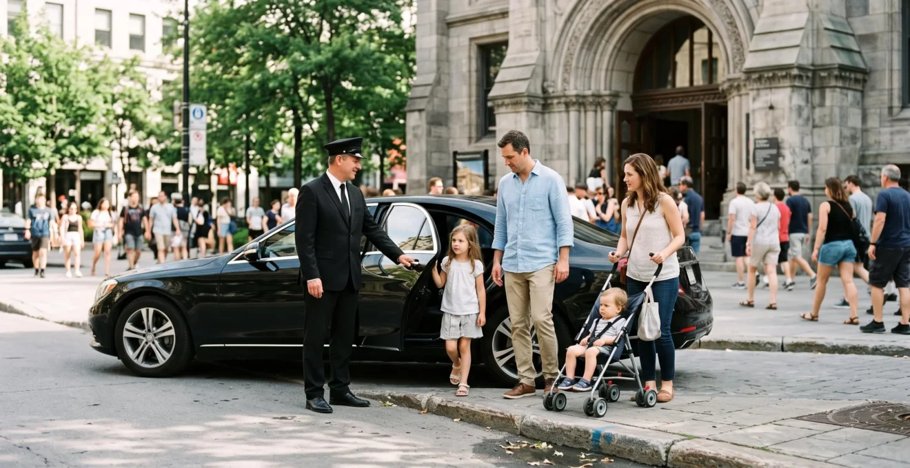 A chauffeur holds open the rear door of a sedan at the curb as a family with a stroller steps out directly beside a busy Montréal attraction entrance.