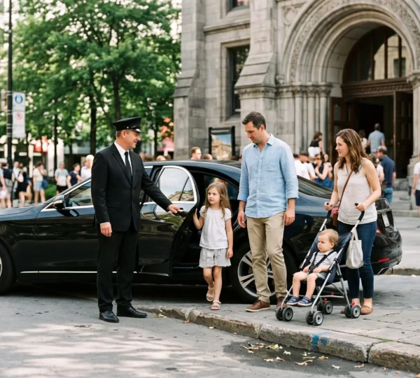 A chauffeur holds open the rear door of a sedan at the curb as a family with a stroller steps out directly beside a busy Montréal attraction entrance.