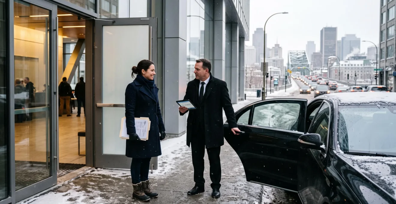 A travel coordinator checking a pickup schedule with a chauffeur beside an executive sedan outside a Montreal office building in winter.