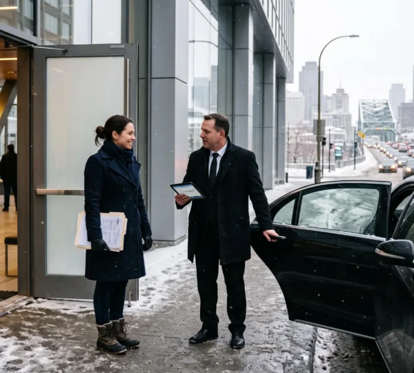 A travel coordinator checking a pickup schedule with a chauffeur beside an executive sedan outside a Montreal office building in winter.
