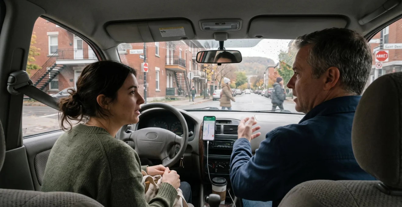 A passenger in a car talks with a Montréal driver who gestures toward the windshield while city streets pass by.