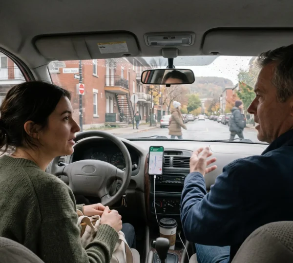 A passenger in a car talks with a Montréal driver who gestures toward the windshield while city streets pass by.