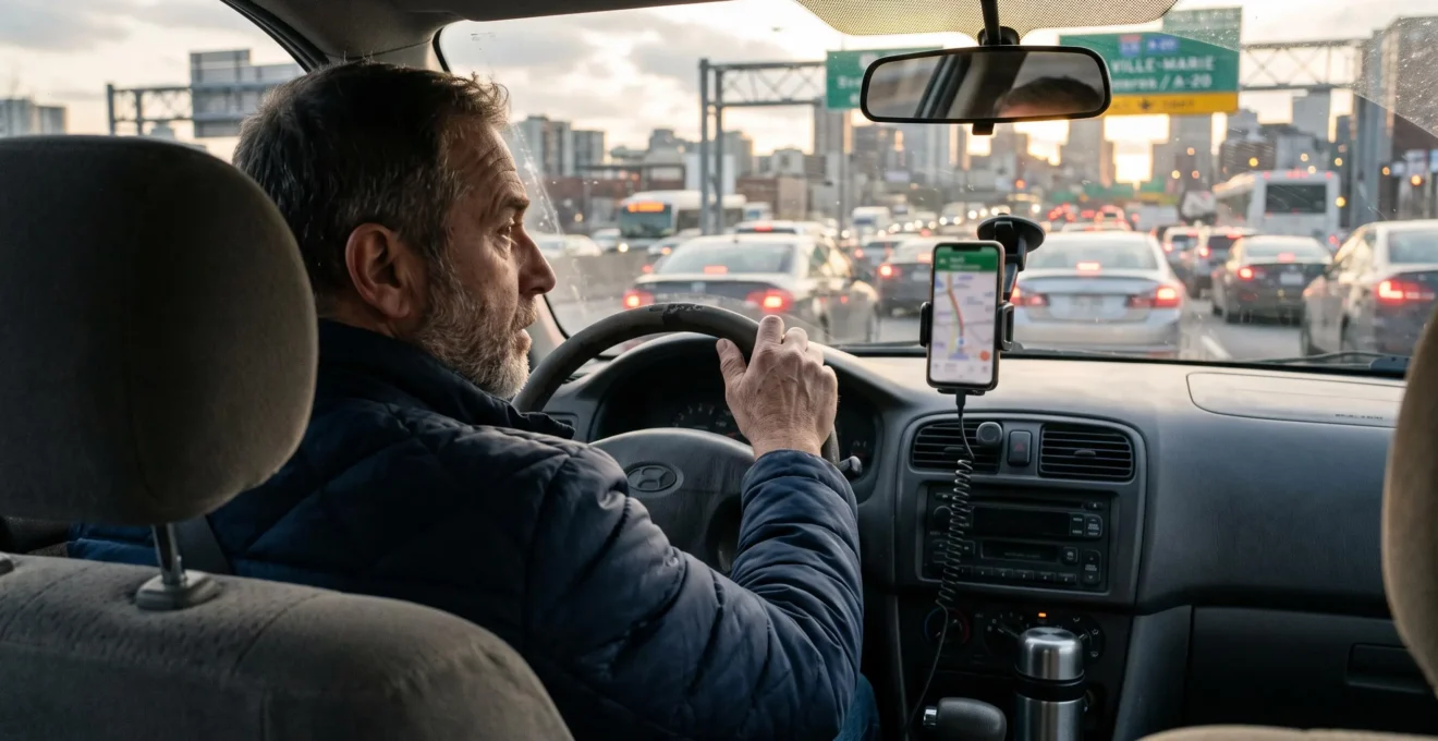 An experienced driver in stopped rush-hour traffic compares his navigation app with the congested highway ahead.