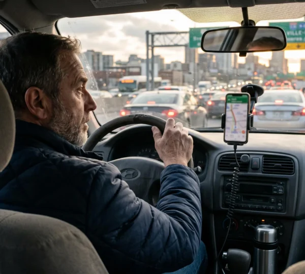 An experienced driver in stopped rush-hour traffic compares his navigation app with the congested highway ahead.
