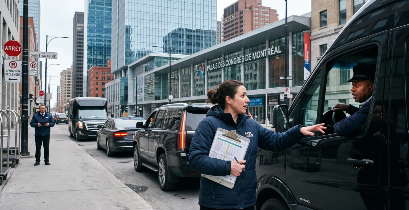 A transportation coordinator with a clipboard talks to a van driver lined up with other vehicles on a downtown Montreal street during an event operation.