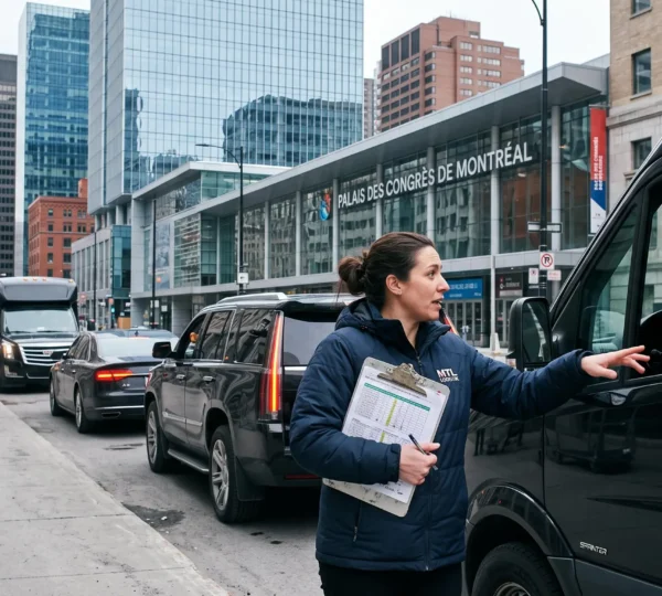 A transportation coordinator with a clipboard talks to a van driver lined up with other vehicles on a downtown Montreal street during an event operation.