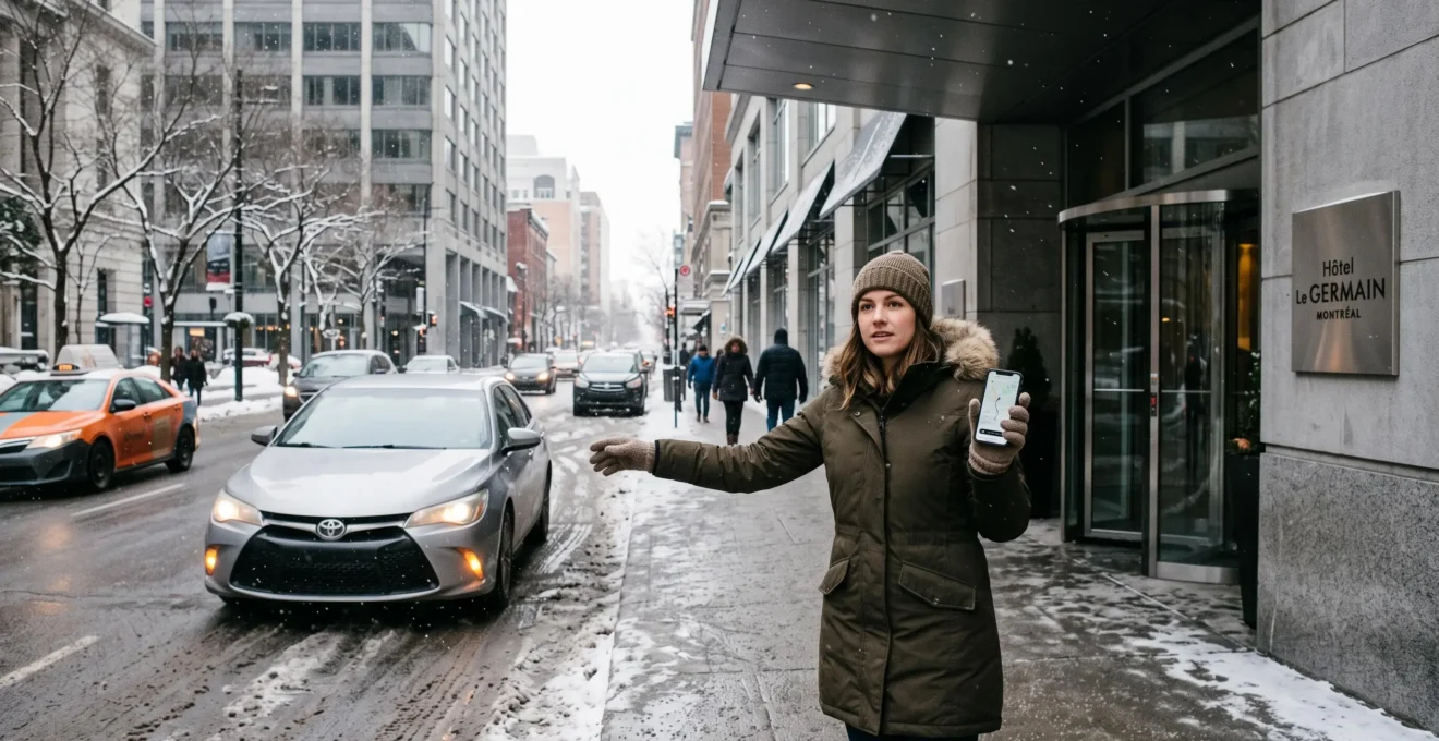 A rider in a winter coat stands at a downtown Montréal hotel curb, holding a phone and flagging an arriving rideshare car while the driver searches for the exact entrance.