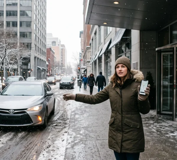 A rider in a winter coat stands at a downtown Montréal hotel curb, holding a phone and flagging an arriving rideshare car while the driver searches for the exact entrance.