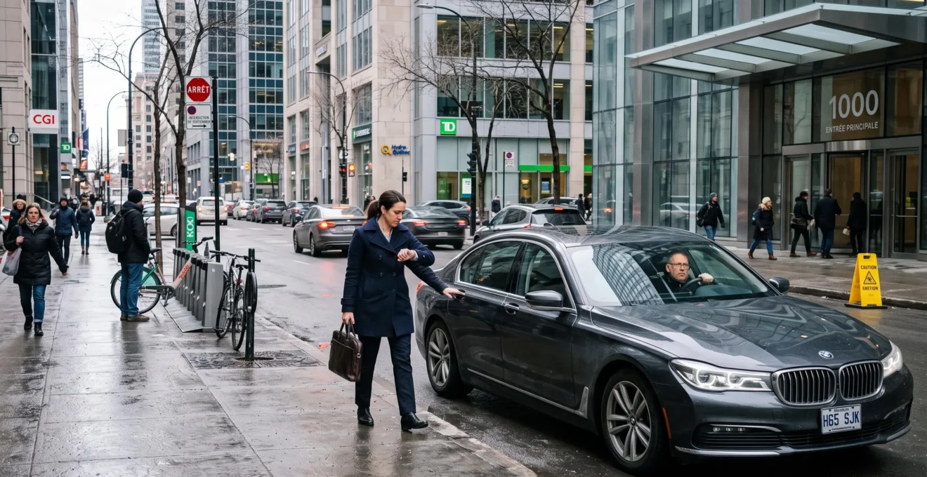 A professional exits a sedan stopped at the entrance of a downtown Montréal office tower while the driver waits at the wheel.
