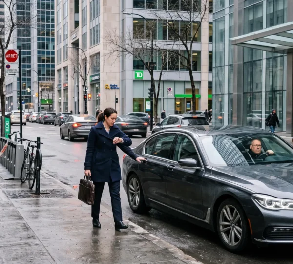 A professional exits a sedan stopped at the entrance of a downtown Montréal office tower while the driver waits at the wheel.