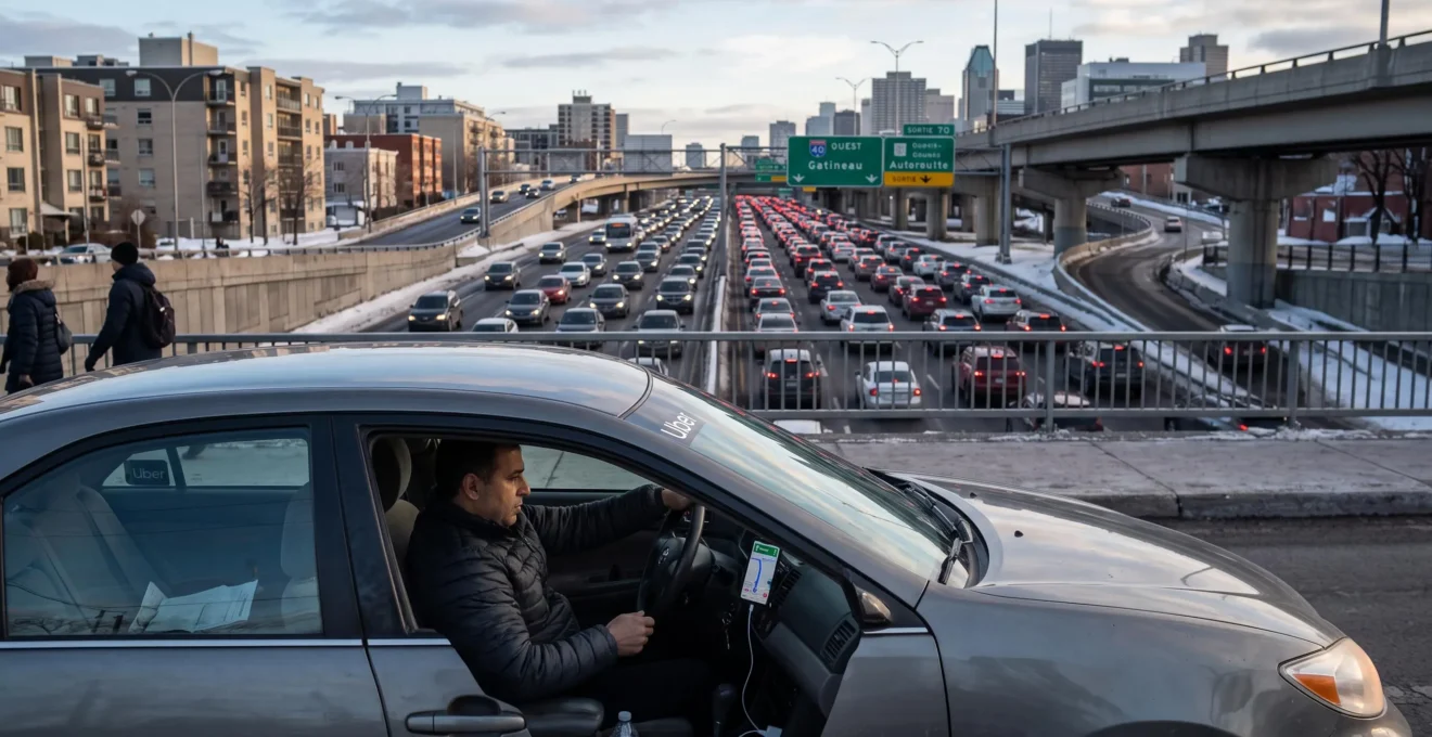 A driver checks a navigation app on his phone while stuck in congested morning traffic on a Montréal highway during rush hour.