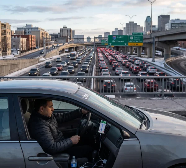 A driver checks a navigation app on his phone while stuck in congested morning traffic on a Montréal highway during rush hour.