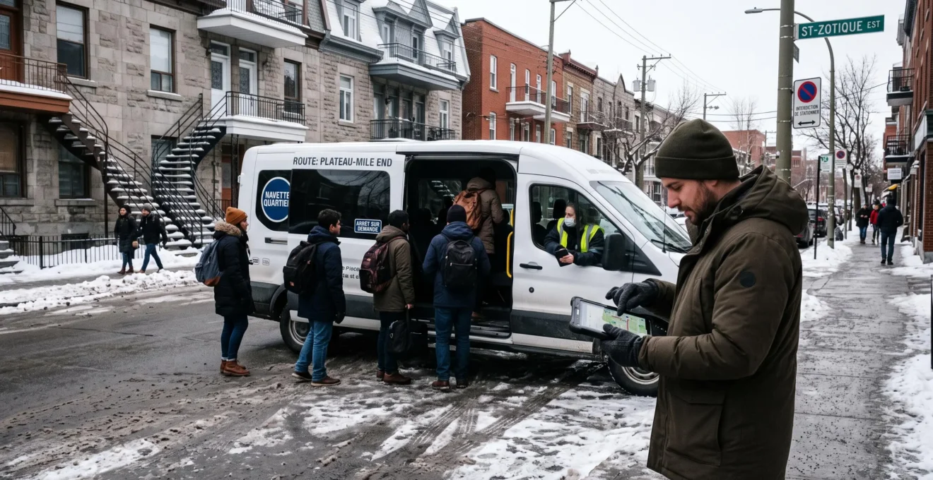 A dispatcher checks a tablet with a route map as passengers board a shuttle van on a snowy Montreal street