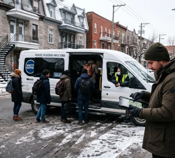 A dispatcher checks a tablet with a route map as passengers board a shuttle van on a snowy Montreal street