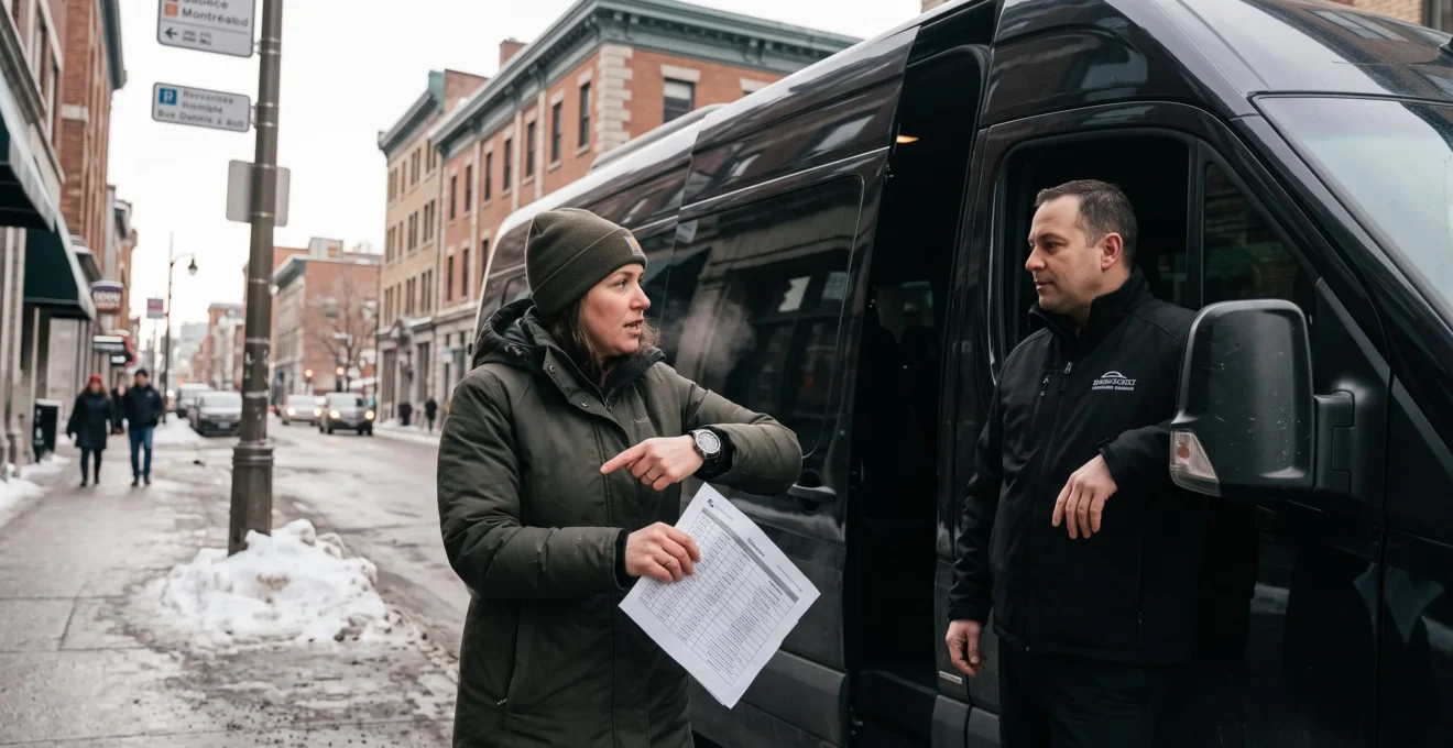 A transportation coordinator holding a printed daily itinerary talks with a van driver beside a parked vehicle on a winter street in downtown Montréal.