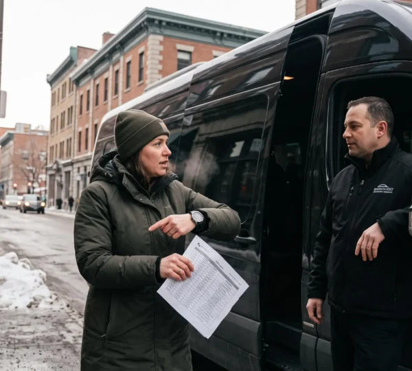 A transportation coordinator holding a printed daily itinerary talks with a van driver beside a parked vehicle on a winter street in downtown Montréal.