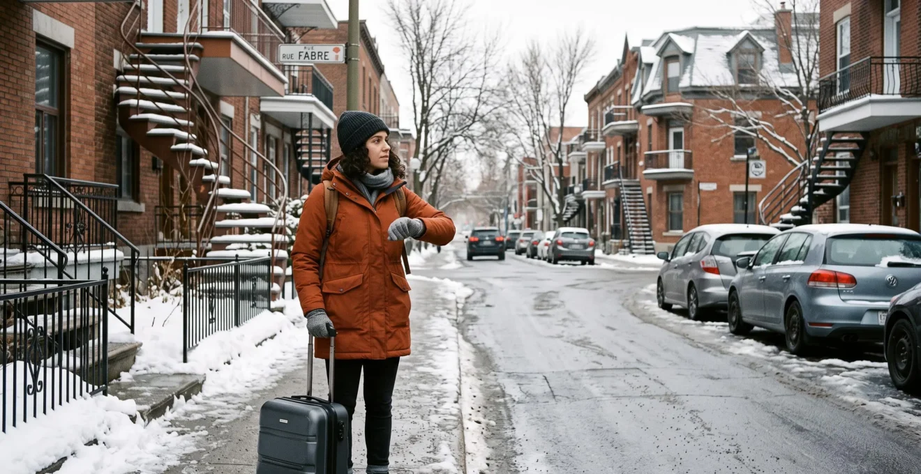 A traveler with a suitcase checks the time while waiting on a snowy sidewalk in a Montréal residential street.