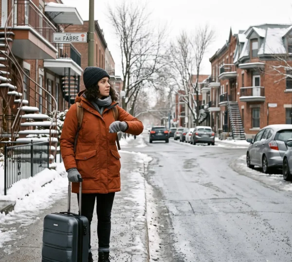 A traveler with a suitcase checks the time while waiting on a snowy sidewalk in a Montréal residential street.