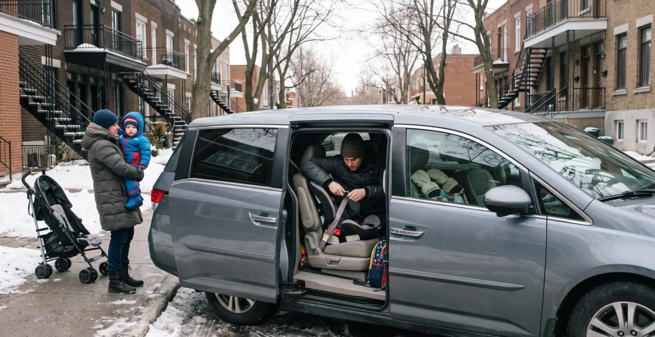 A parent tightening the harness of a rear-facing car seat inside a minivan while another adult holds a toddler in a snowsuit on a snowy Montréal sidewalk.