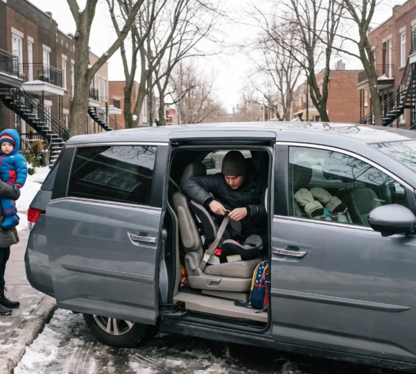 A parent tightening the harness of a rear-facing car seat inside a minivan while another adult holds a toddler in a snowsuit on a snowy Montréal sidewalk.