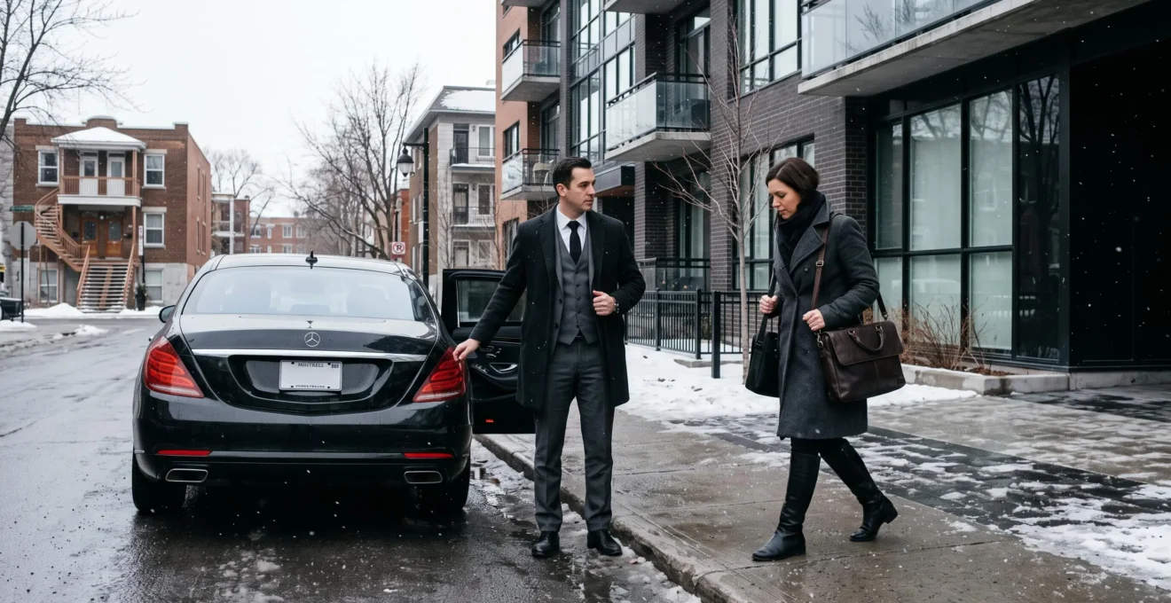 A chauffeur holds open the rear door of a black luxury sedan as a woman in a winter coat approaches, on a snowy street in downtown Montreal.