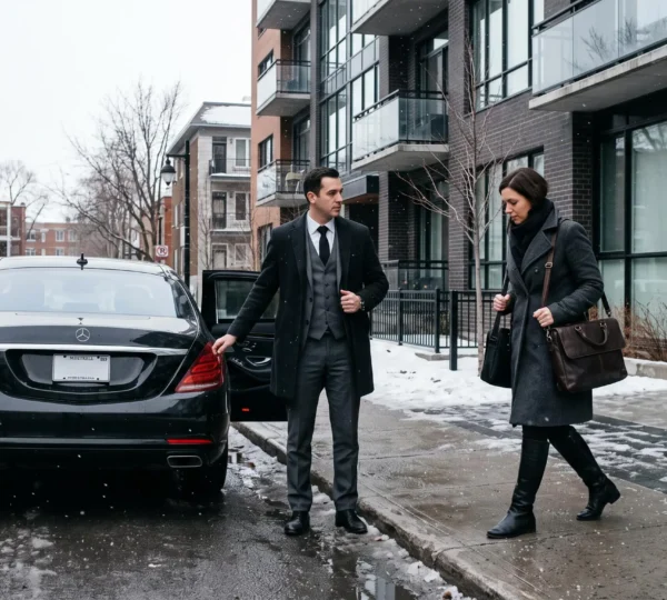A chauffeur holds open the rear door of a black luxury sedan as a woman in a winter coat approaches, on a snowy street in downtown Montreal.