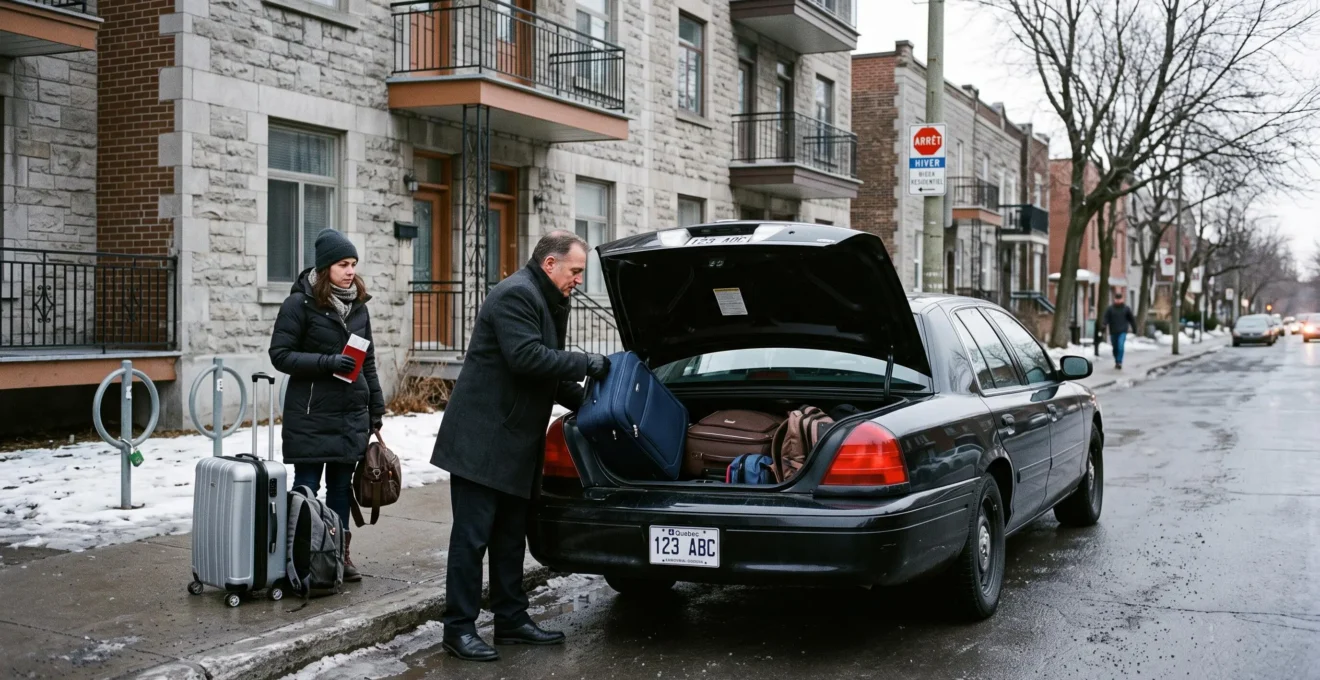 A chauffeur loading a traveler's suitcase into the trunk of a private sedan parked at a residential building entrance in Montréal.
