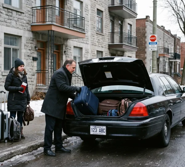 A chauffeur loading a traveler's suitcase into the trunk of a private sedan parked at a residential building entrance in Montréal.