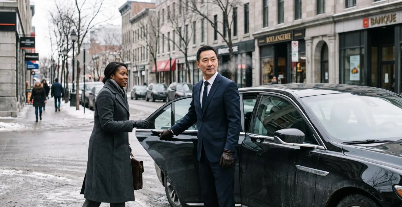 A professional chauffeur in a dark suit opens the rear door of a black sedan for a client on a snowy Montreal street.