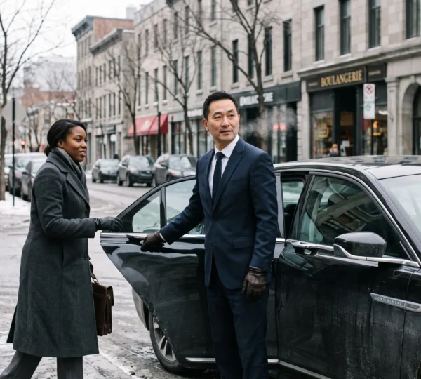 A professional chauffeur in a dark suit opens the rear door of a black sedan for a client on a snowy Montreal street.