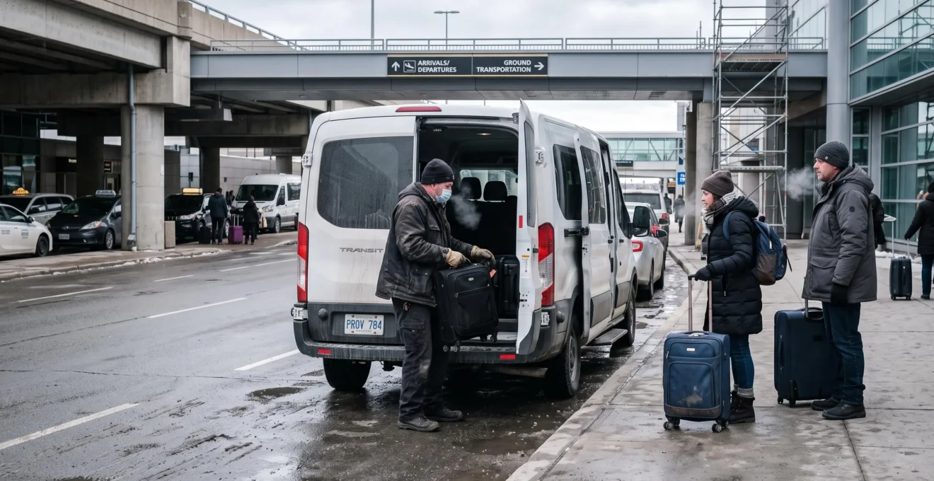 Travelers with suitcases boarding a shared shuttle minivan at an airport curb while the driver loads luggage.