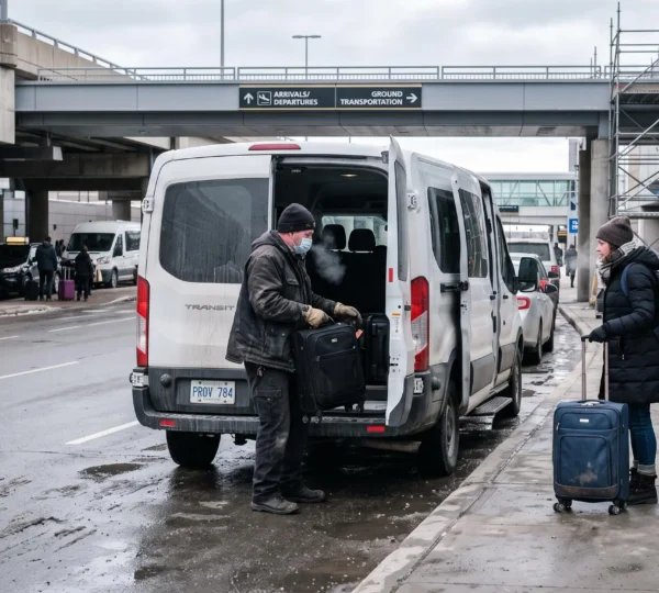 Travelers with suitcases boarding a shared shuttle minivan at an airport curb while the driver loads luggage.