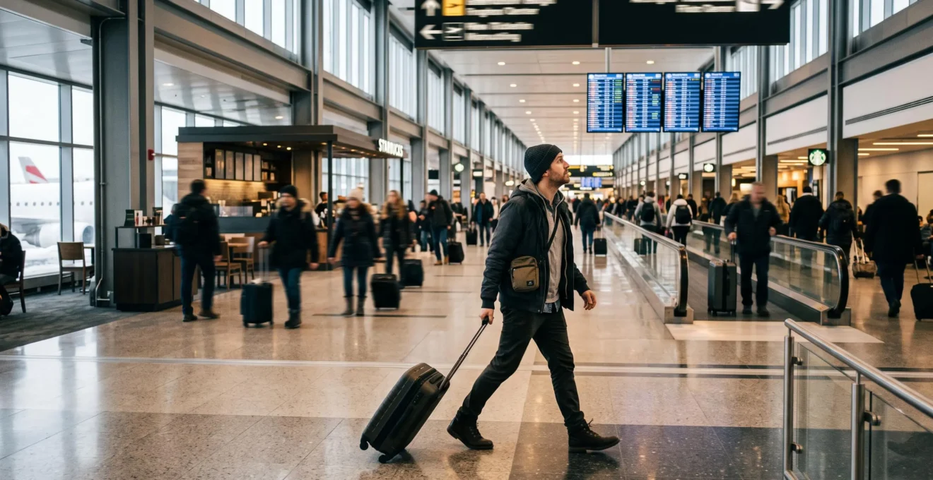 A traveler hurries through a long airport terminal corridor pulling a rolling suitcase while checking overhead signs.