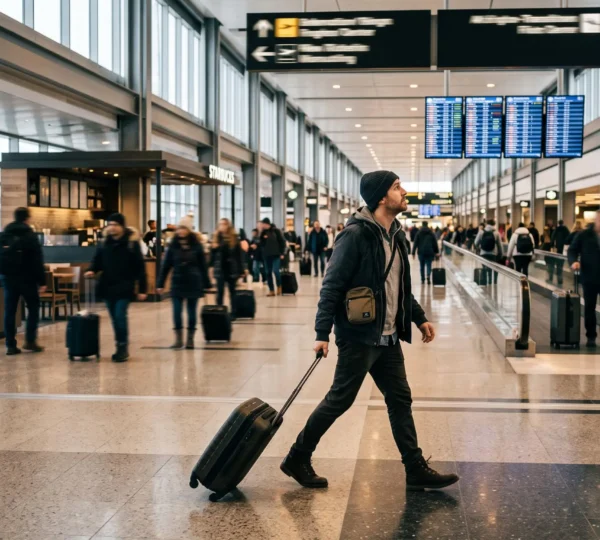A traveler hurries through a long airport terminal corridor pulling a rolling suitcase while checking overhead signs.