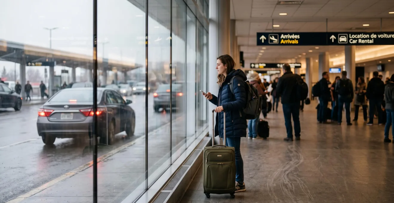 A traveler with a rolling suitcase stands by the window of an airport arrivals hall, checking his phone while watching cars at the pickup curb.