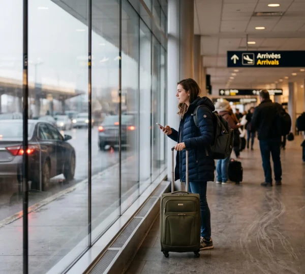 A traveler with a rolling suitcase stands by the window of an airport arrivals hall, checking his phone while watching cars at the pickup curb.