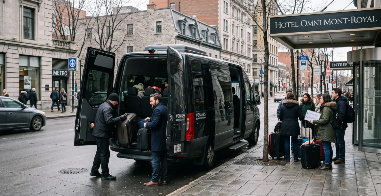 A driver loads suitcases into the rear cargo area of a passenger van while a group of travelers waits with their luggage outside a Montréal hotel.