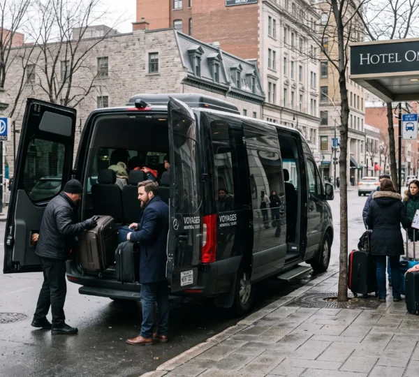 A driver loads suitcases into the rear cargo area of a passenger van while a group of travelers waits with their luggage outside a Montréal hotel.